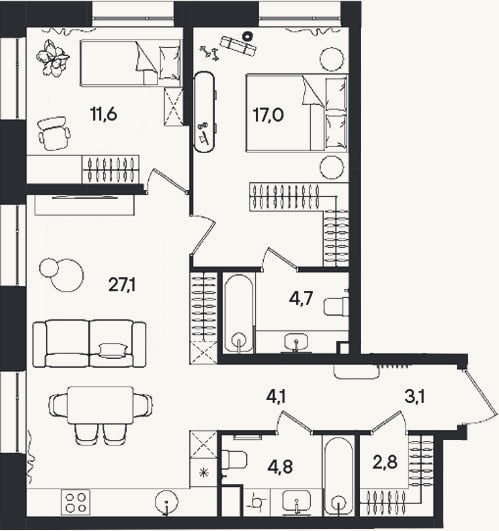 Планировка: 3-к, 75,2 м²