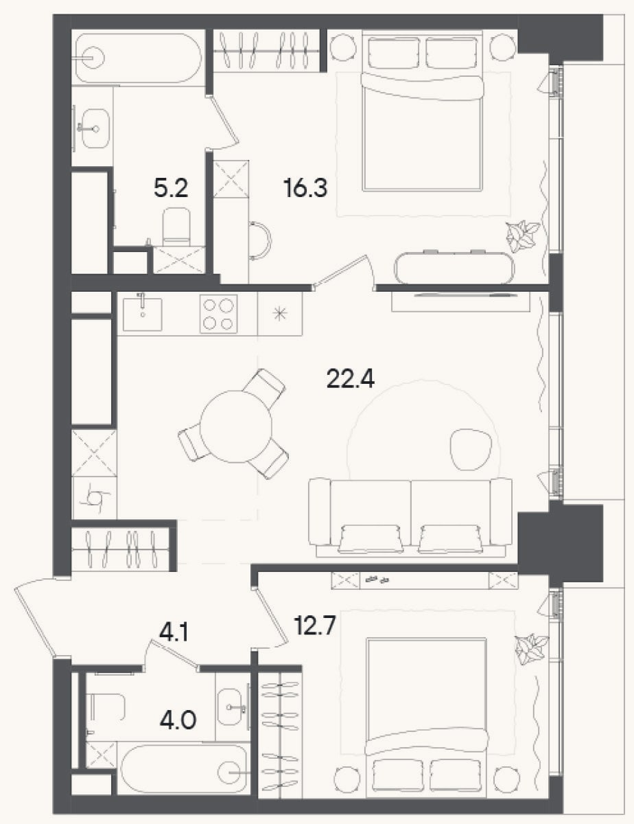Планировка: 3-к, 64,7 м²