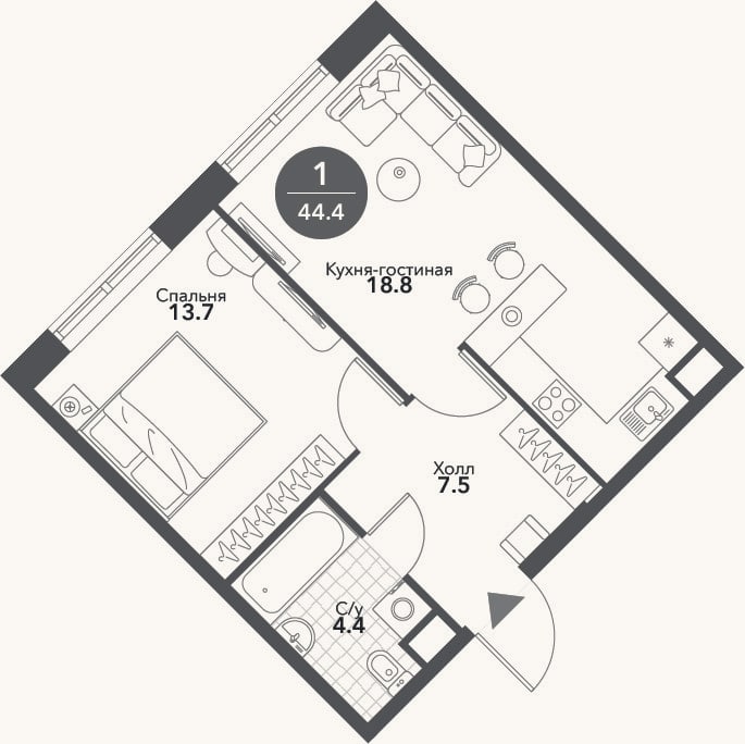 Планировка: 2-к, 44,4 м²