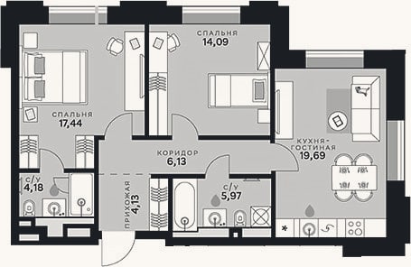 Планировка: 3-к, 71,6 м²