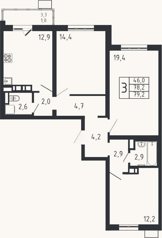 Планировка: 3-к, 78,2 м²