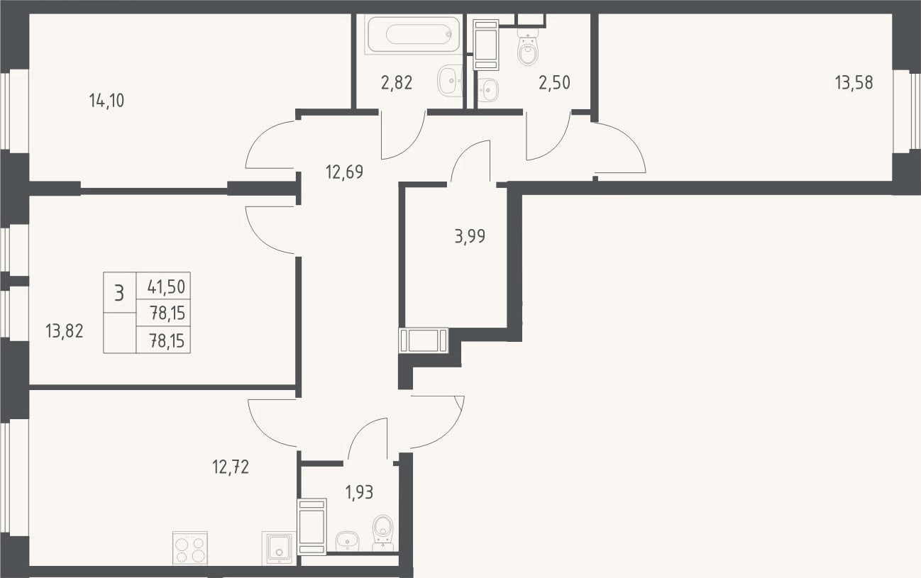Планировка: 3-к, 78,2 м²