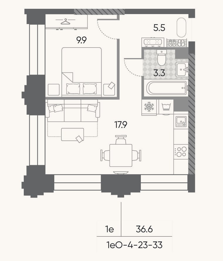 Планировка: 2-к, 36,6 м²