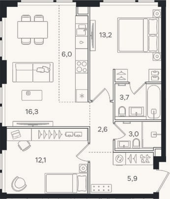Планировка: 3-к, 62,8 м²