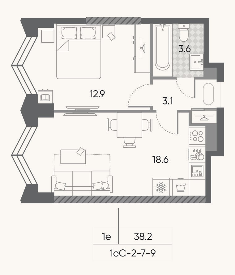 Планировка: 2-к, 38,2 м²