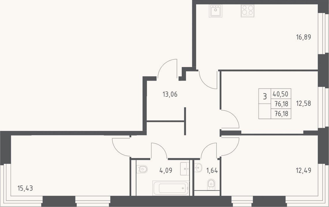 Планировка: 3-к, 76,2 м²