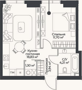 Планировка: 2-к, 40 м²