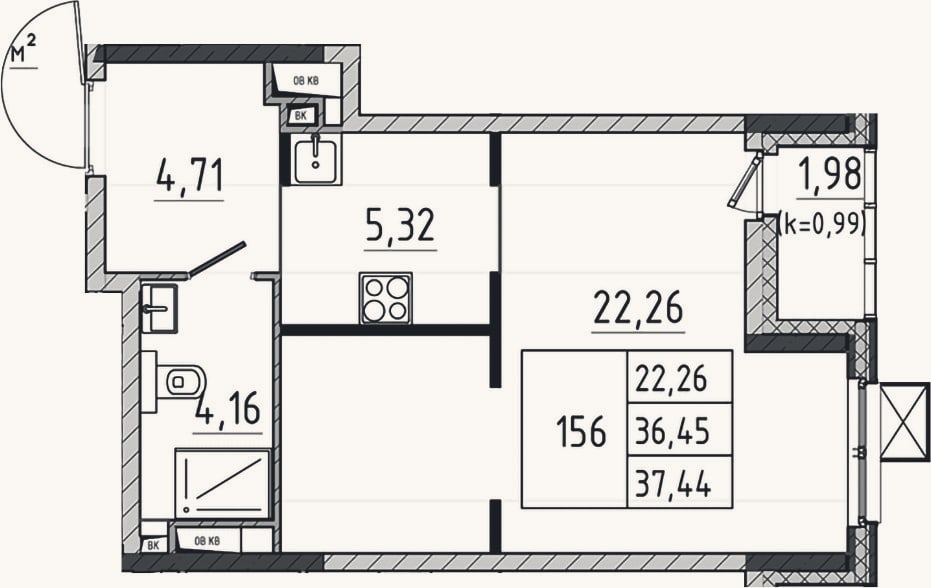 Планировка: Студия, 36,5 м²
