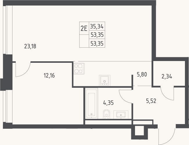 Планировка: 2-к, 53,4 м²