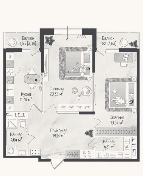 Планировка: 2-к, 76,9 м²