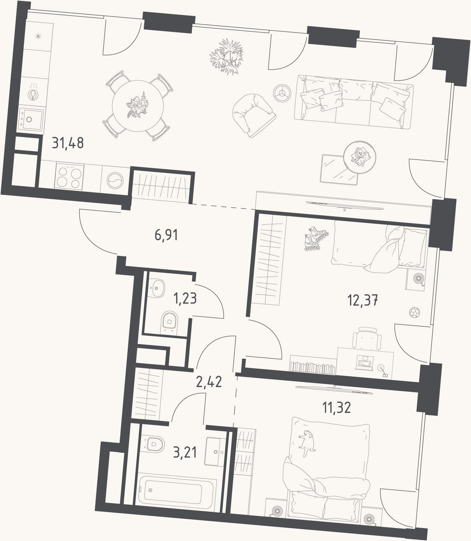 Планировка: 3-к, 68,9 м²