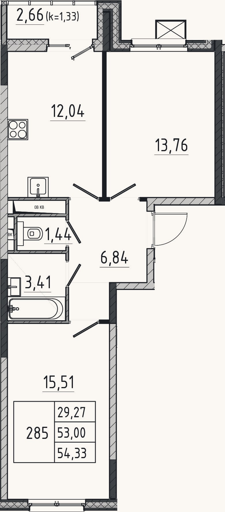 Планировка: 2-к, 53 м²
