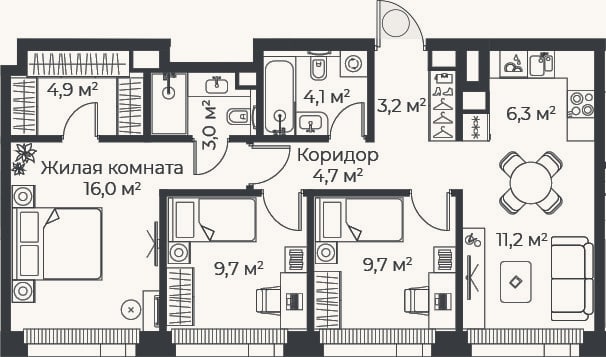 Планировка: 4+ к, 72,8 м²