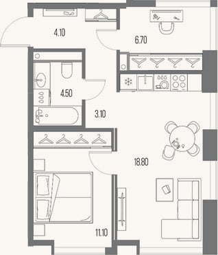Планировка: 1-к, 48,3 м²