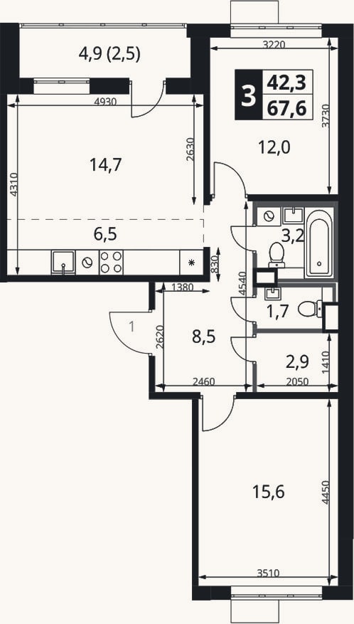 Планировка: 3-к, 65,1 м²