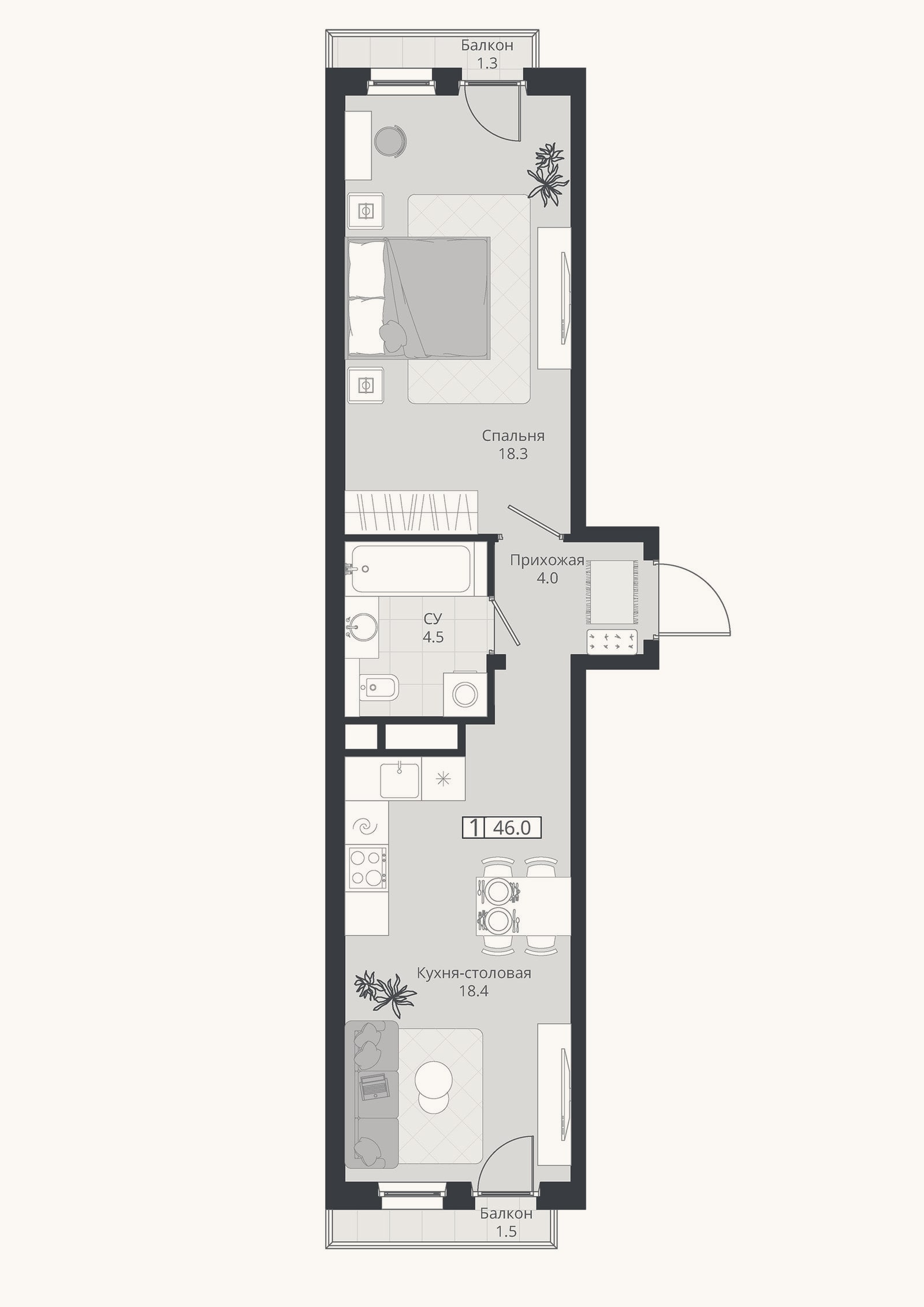 Планировка: 2-к, 45,2 м²