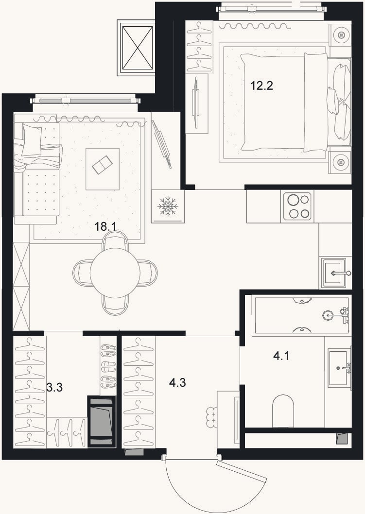 Планировка: 1-к, 39,3 м²