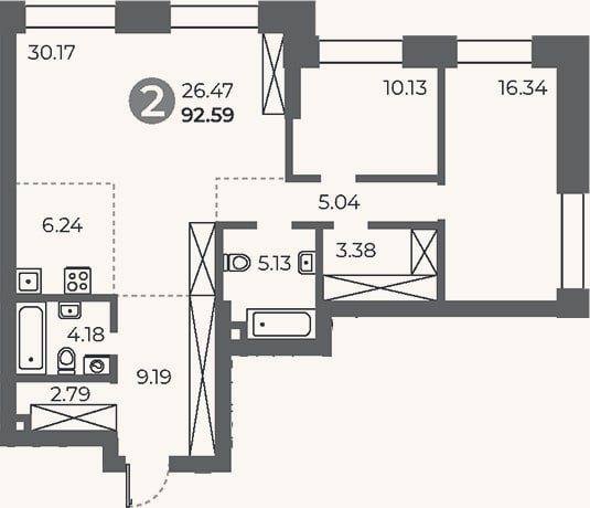 Планировка: 2-к, 92,6 м²