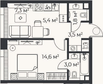 Планировка: 2-к, 35,6 м²