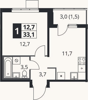 Планировка: 1-к, 31,6 м²