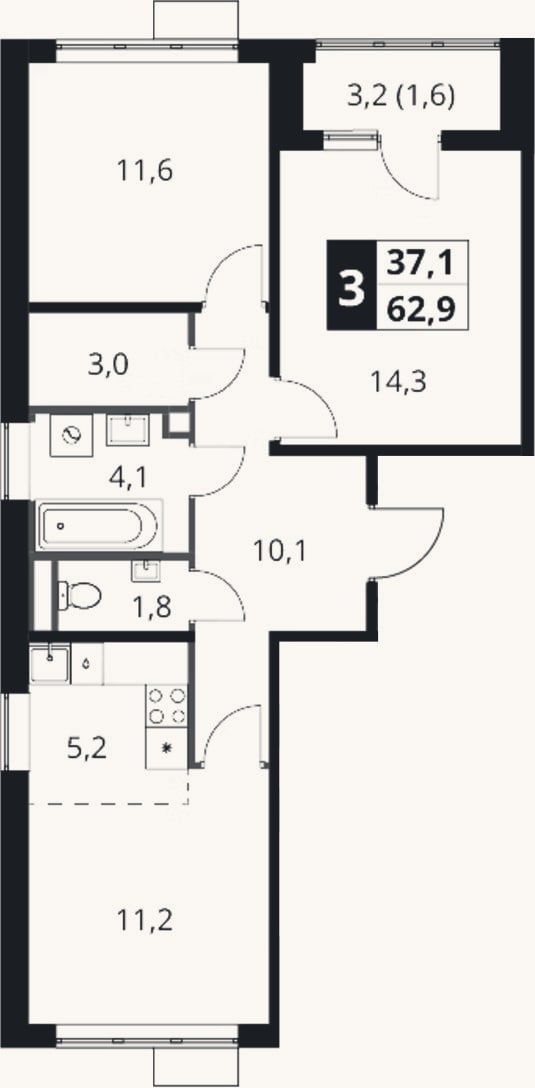 Планировка: 3-к, 61,3 м²