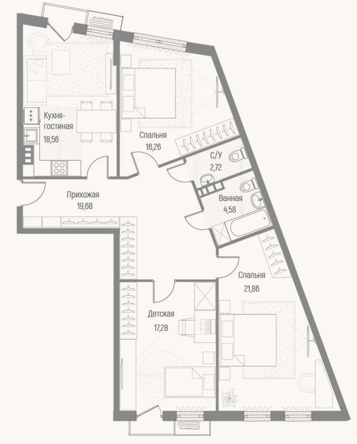 Планировка: 2-к, 87,9 м²