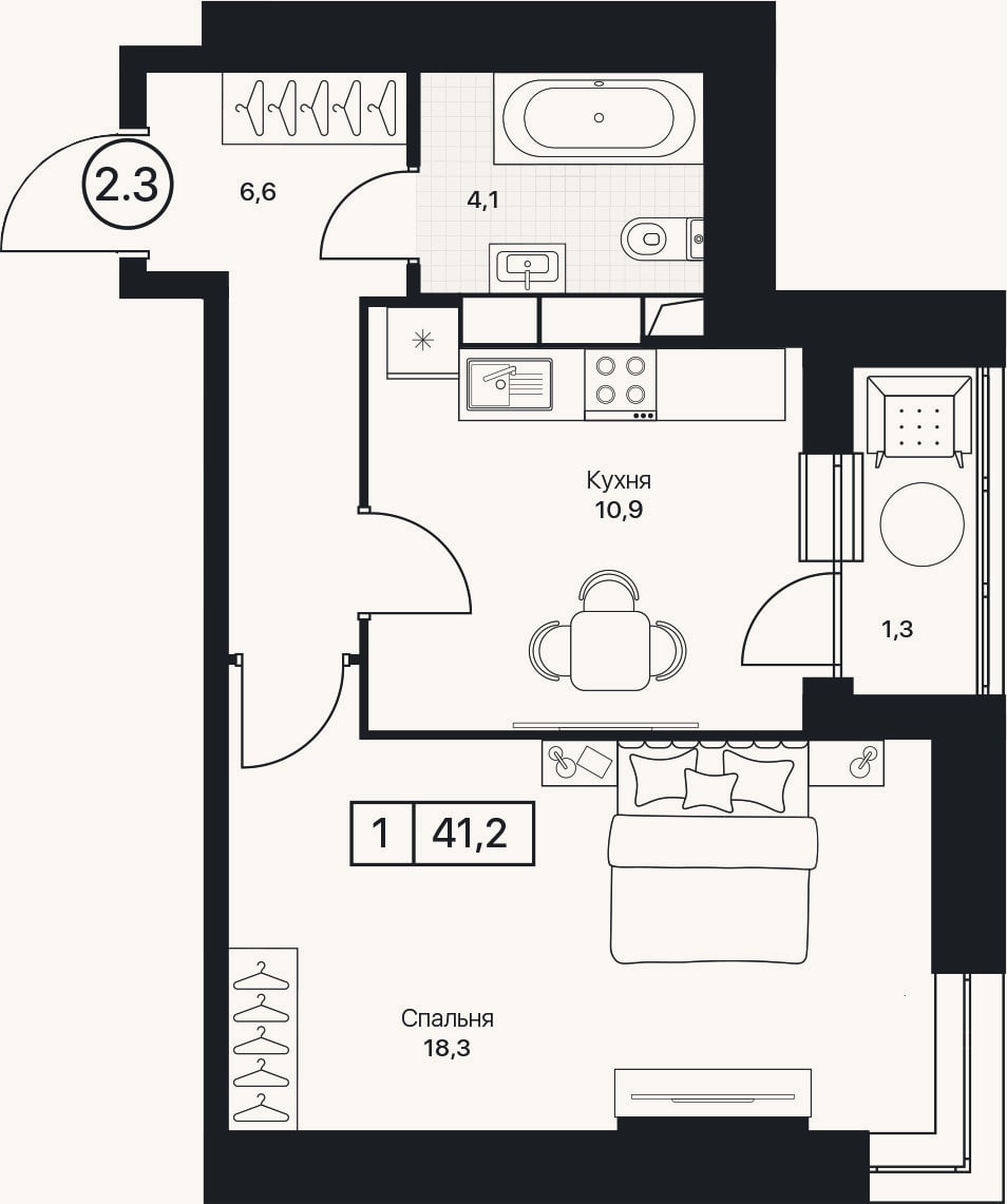 Планировка: 1-к, 39,9 м²