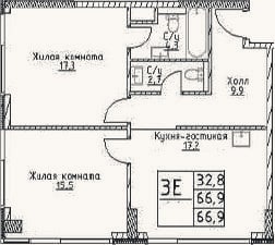 Планировка: 3-к, 66,9 м²