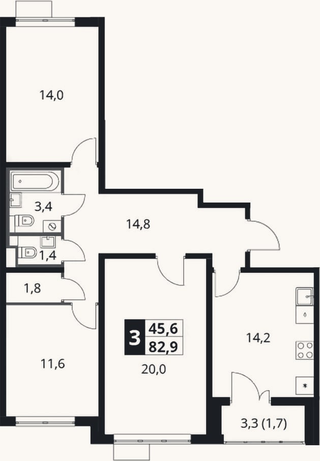 Планировка: 3-к, 81,2 м²