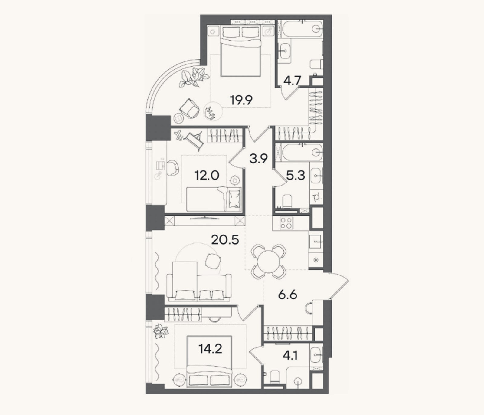 Планировка: 4+ к, 91,2 м²