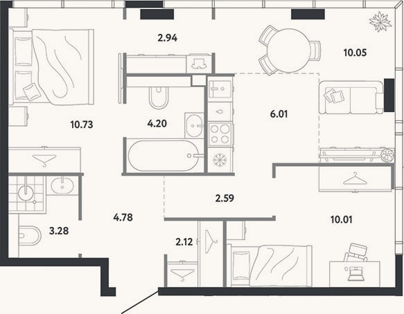 Планировка: 2-к, 56,7 м²