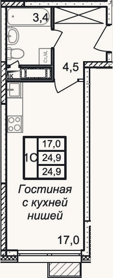 Планировка: Студия, 24,9 м²