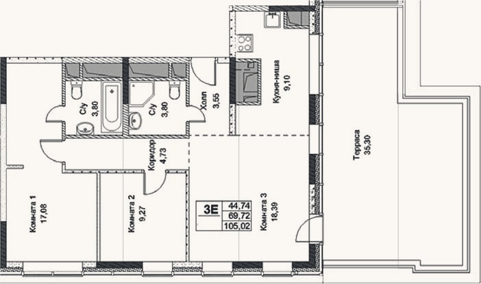 Планировка: 3-к, 69,7 м²