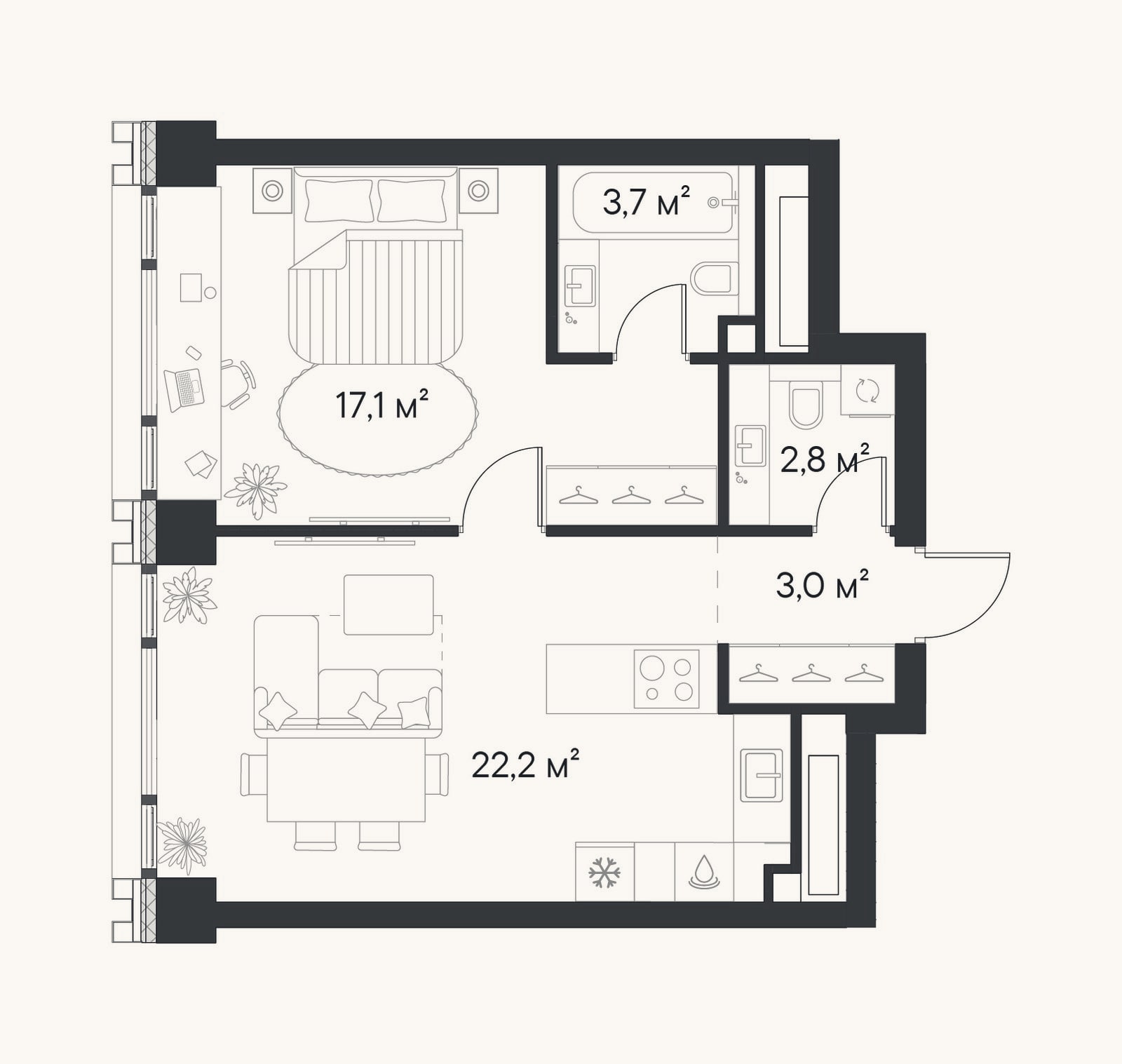 Планировка: 1-к, 48,8 м²