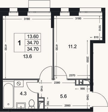 Планировка: 1-к, 34,7 м²