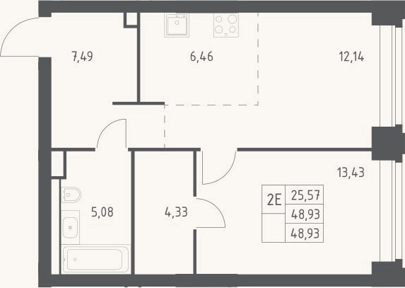 Планировка: 2-к, 48,9 м²