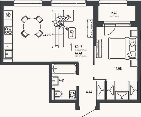 Планировка: 1-к, 47,4 м²