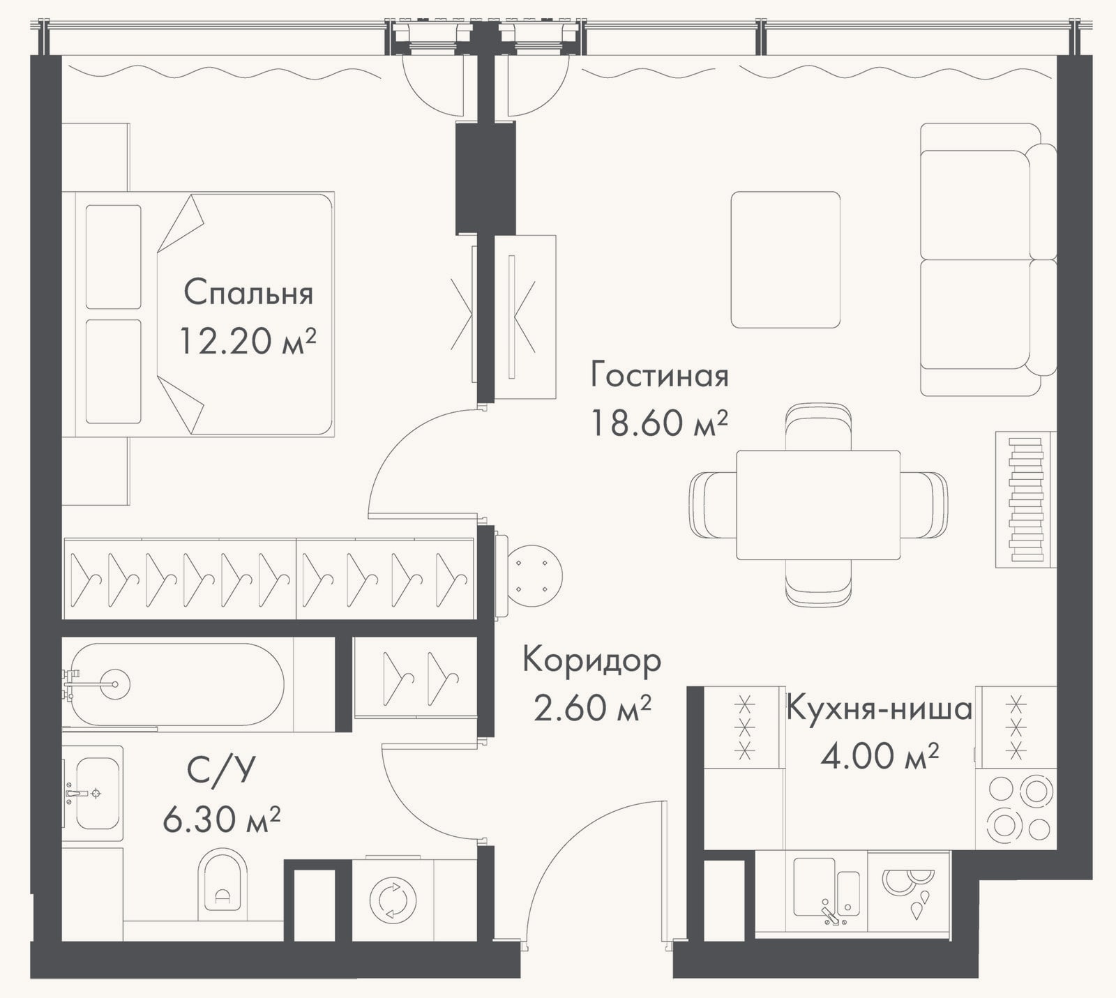 Планировка: 2-к, 43,7 м²