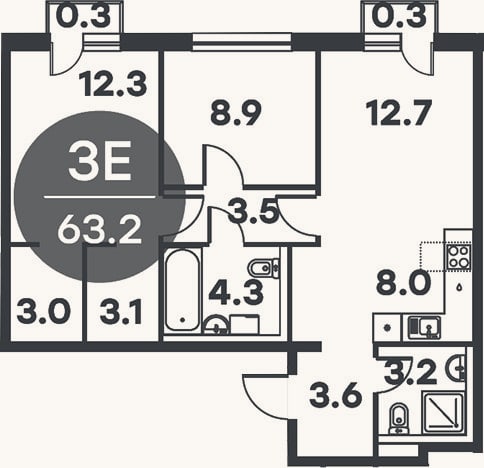 Планировка: 3-к, 62,6 м²