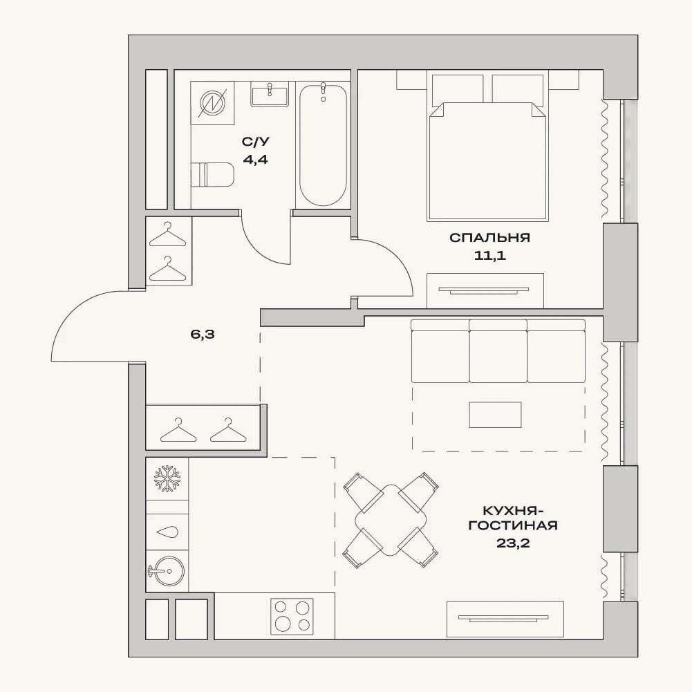 Планировка: 2-к, 45 м²