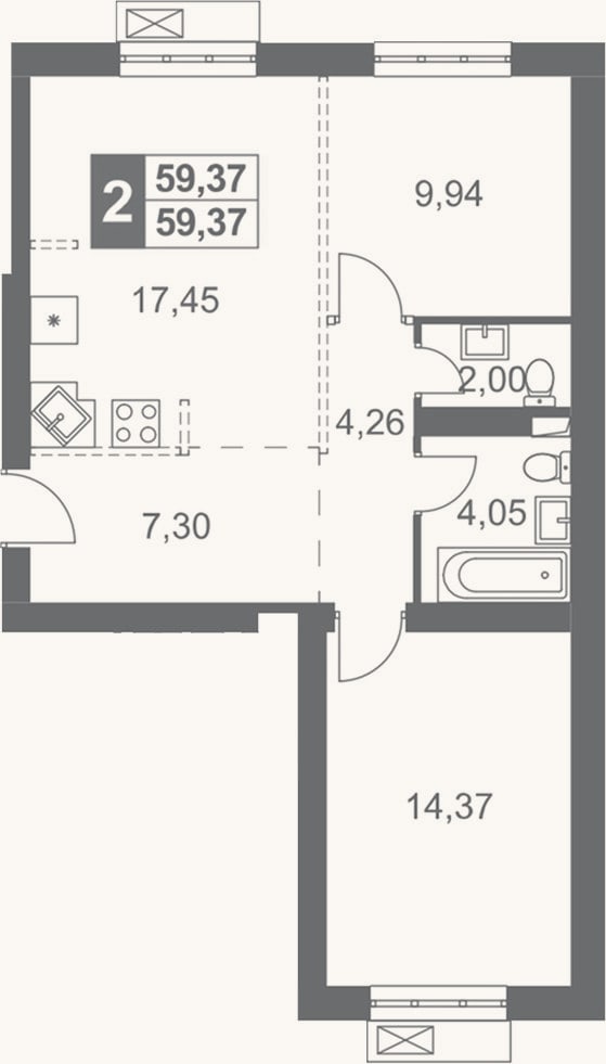 Планировка: 2-к, 59,4 м²