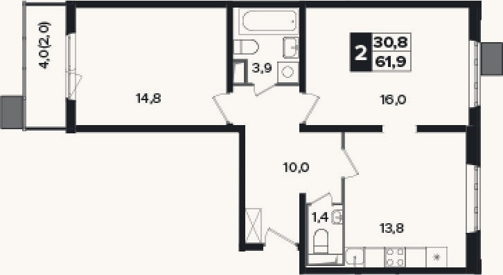 Планировка: 2-к, 59,9 м²