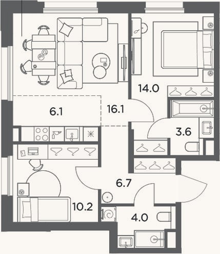 Планировка: 3-к, 60,7 м²