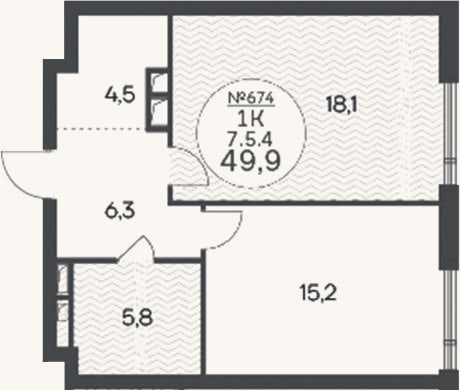Планировка: 1-к, 49,9 м²