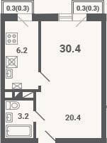 Планировка: 1-к, 29,8 м²