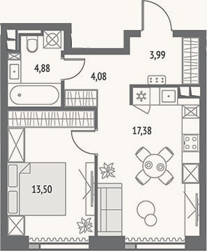 Планировка: 2-к, 43,8 м²