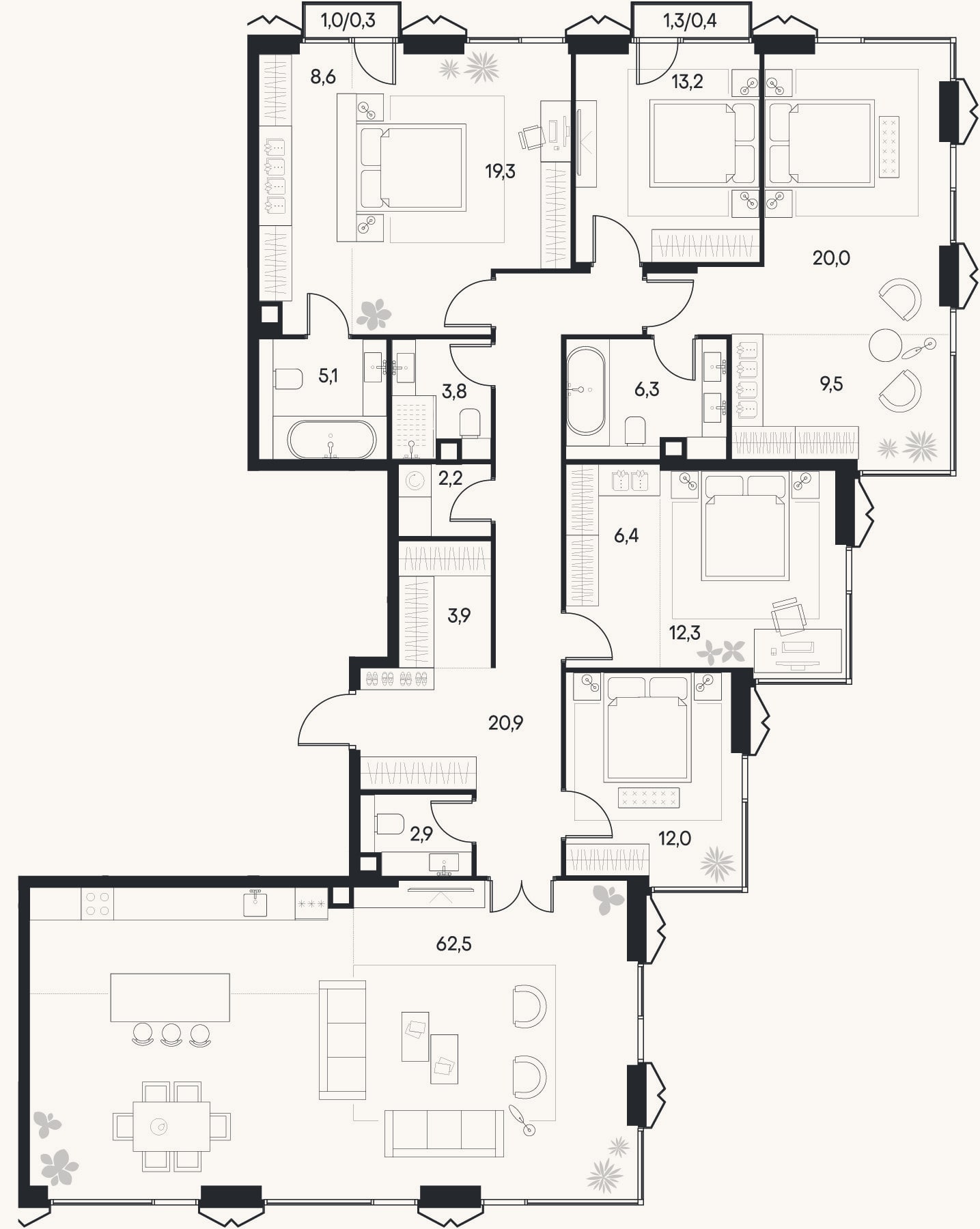Планировка: 4+ к, 208,9 м²