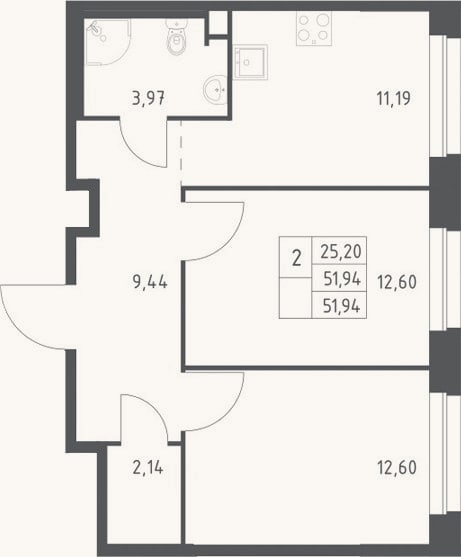 Планировка: 2-к, 51,9 м²