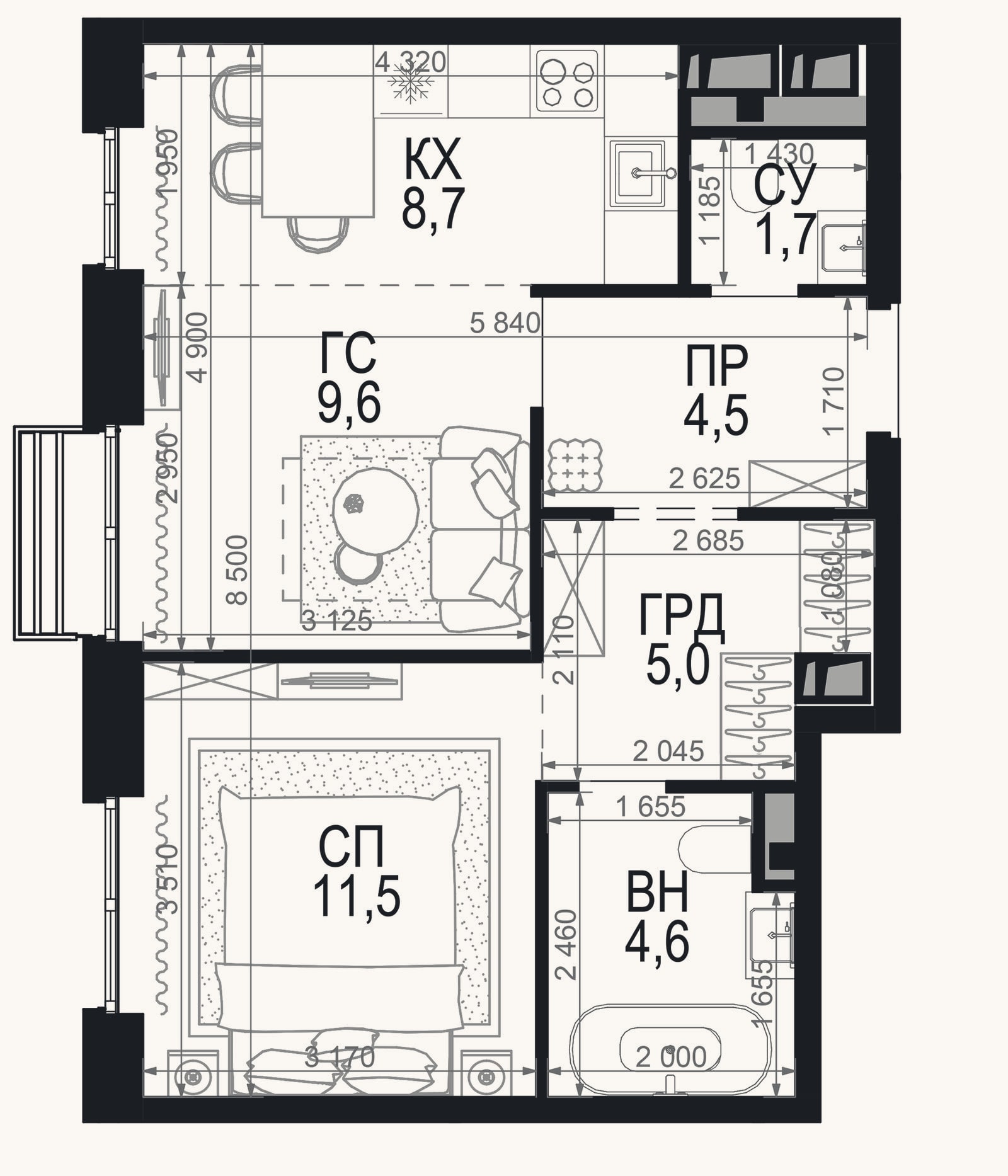 Планировка: 2-к, 45,6 м²
