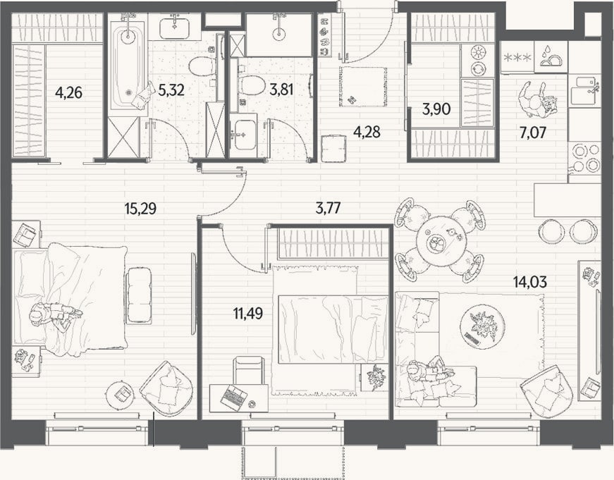 Планировка: 3-к, 73,2 м²